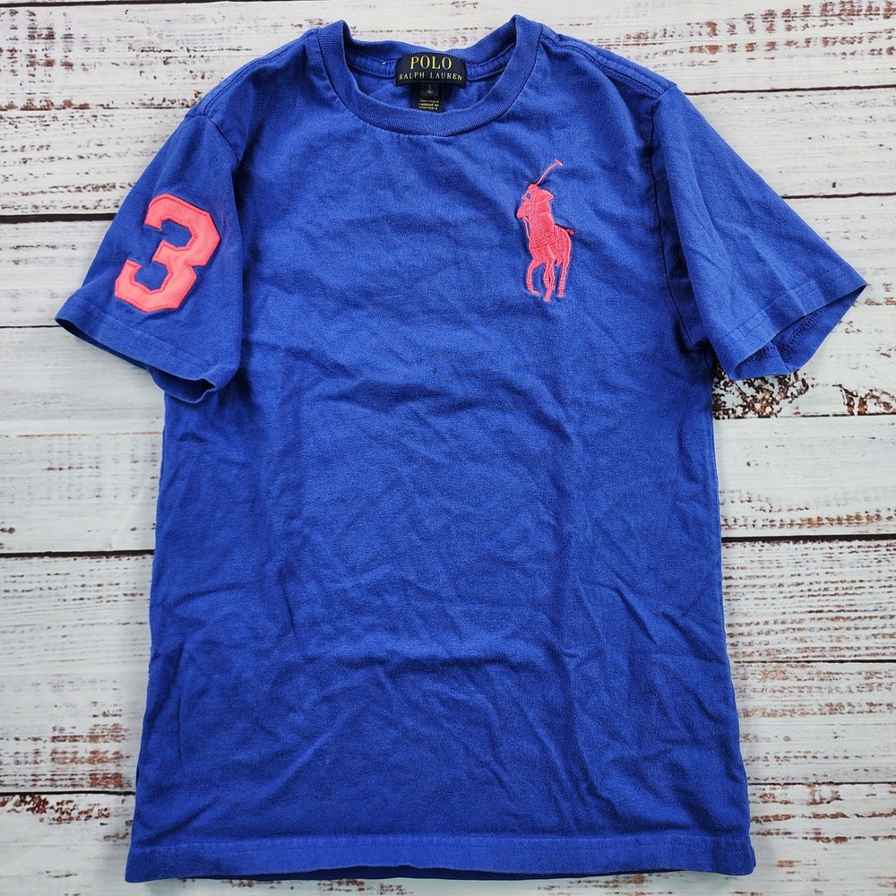 Polo Ralph Lauren Big Pony T-Shirt Boys S 8 Blue Pink Number 3 Cotton Tee